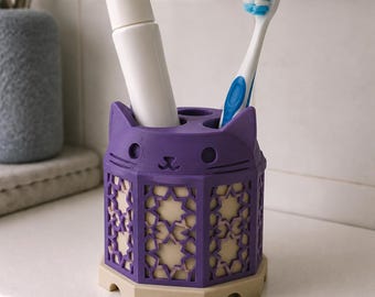 Moroccan Lantern Cat Toothbrush Holder, Hand Painted 3D Printed Bathroom Organizer