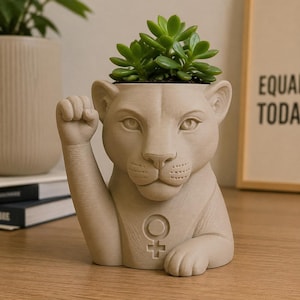 Lioness Empowerment Planter, Hand Painted 3D Printed Succulent Pot for Desk image 1
