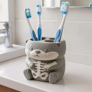 Skeleton Otter Toothbrush Holder, 3D Printed Spooky Bathroom Decor, Unique Hand-Painted Vanity Organizer for One Toothbrush image 2