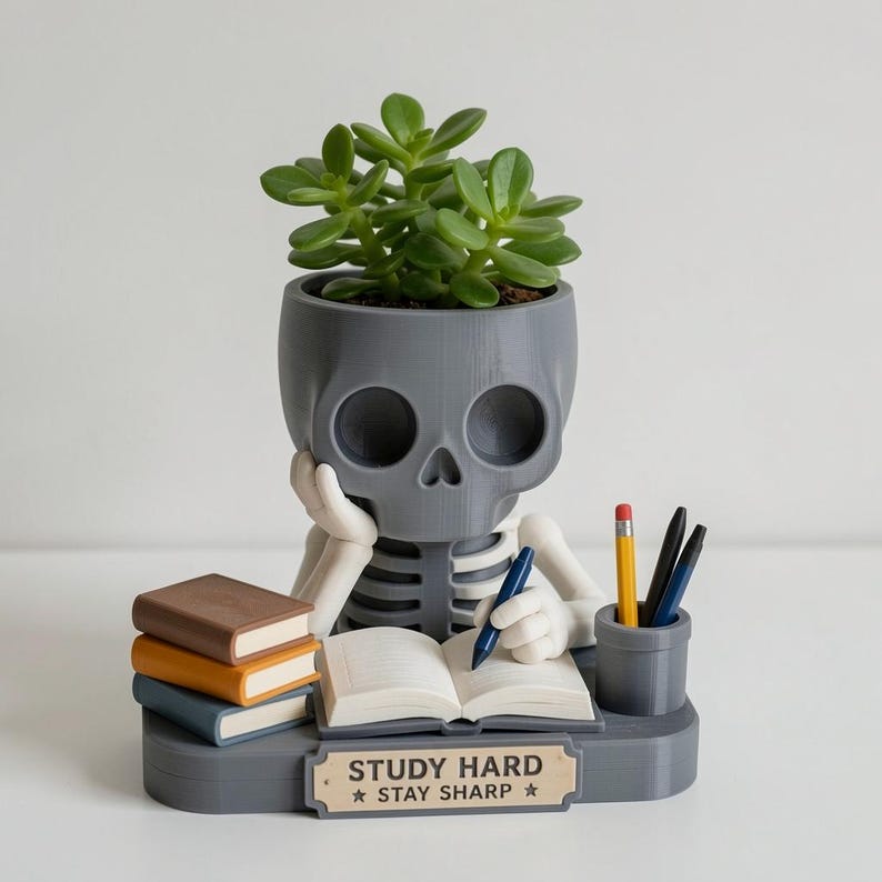 Anatomical Skeleton Head Planter, Hand-Painted 3D Printed Succulent Pot for Desk image 3