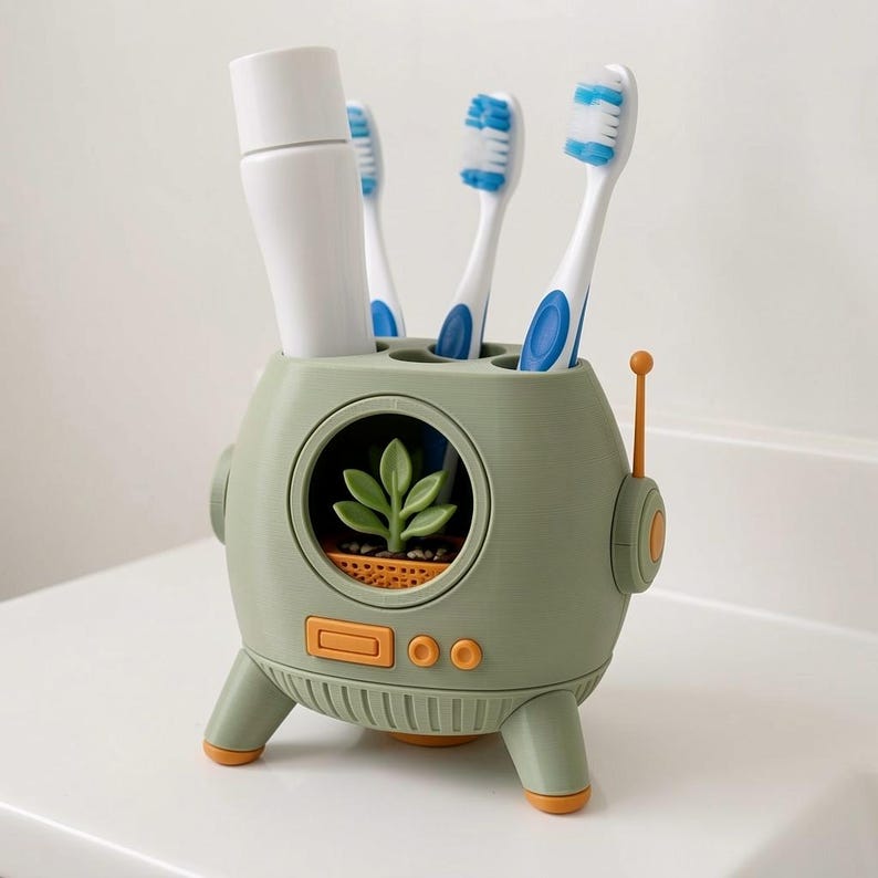 Retro Futurism Explorer Toothbrush Holder, 3D Printed Hand-Painted Space Age Vanity Organizer image 3