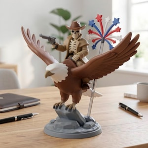 May include: A novelty figurine featuring a skeleton cowboy riding a brown eagle, holding a gun. The eagle has a white head and brown wings. A fireworks display is attached to the eagle's back. The figurine is on a gray base.