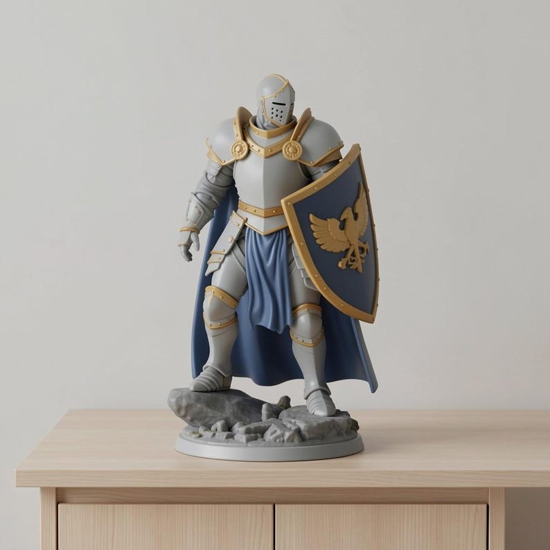 May include: A gray knight figurine with gold accents, wearing armor and a blue cape. The knight holds a shield with a gold eagle emblem. The figurine stands on a rocky base, a decorative item.