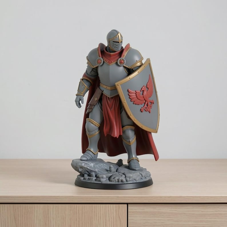 May include: A detailed figurine of a knight in full armor, standing on a rocky base. The knight is clad in gray and gold armor, with a red cape and shield. The shield features a red bird emblem. The figurine is approximately 10 inches tall.