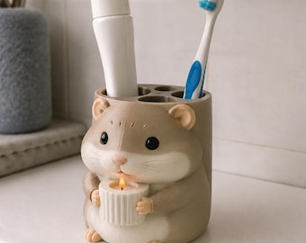 Cozy Hamster Toothbrush Holder, 3D Printed Hand-Painted Bathroom Accessory, Cute Animal Vanity Organizer
