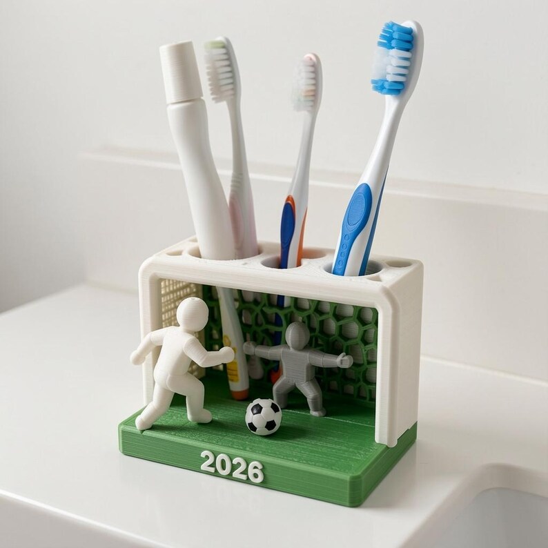 May include: A white and green plastic toothbrush holder shaped like a football goal with a net, featuring a white player figure, a grey goalkeeper figure, a small football, and the year 2026 printed on the front base, holding three toothbrushes.