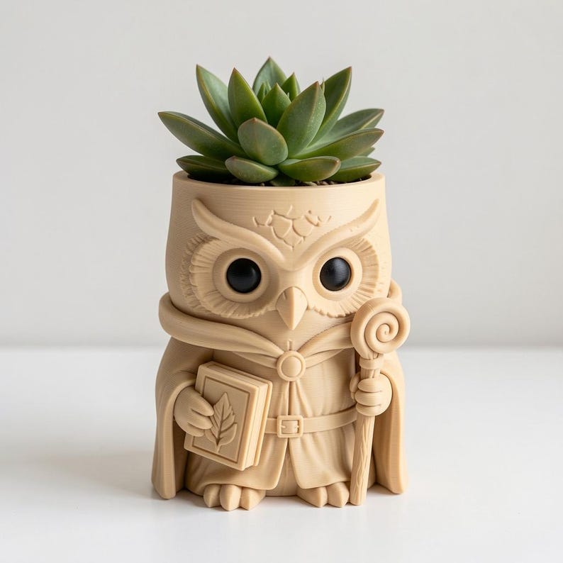 May include: A beige owl-shaped planter featuring a sculpted wizard figure holding a book with a leaf emblem and a spiral-topped staff. The owl has large black eyes and a cape, with a green succulent plant growing from the top opening.