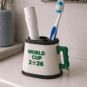 May include: A white and black toothbrush holder with the text "WORLD CUP 2026" in green. A white tube of toothpaste and a blue and white toothbrush are inside the holder. The holder has a green handle with a key ring.