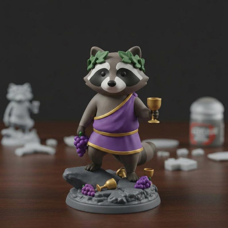May include: A figurine of a raccoon dressed in a purple toga and laurel wreath, holding a golden goblet and grapes. The raccoon stands on a gray base with grapes and goblets. The figurine has a gray and white face and a bushy tail.