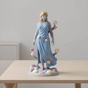 May include: A light blue statue of a woman in a flowing dress, adorned with seashells and pink hearts. The statue has blonde hair and stands on a base with more seashells. The sculpture is displayed on a light wood table.