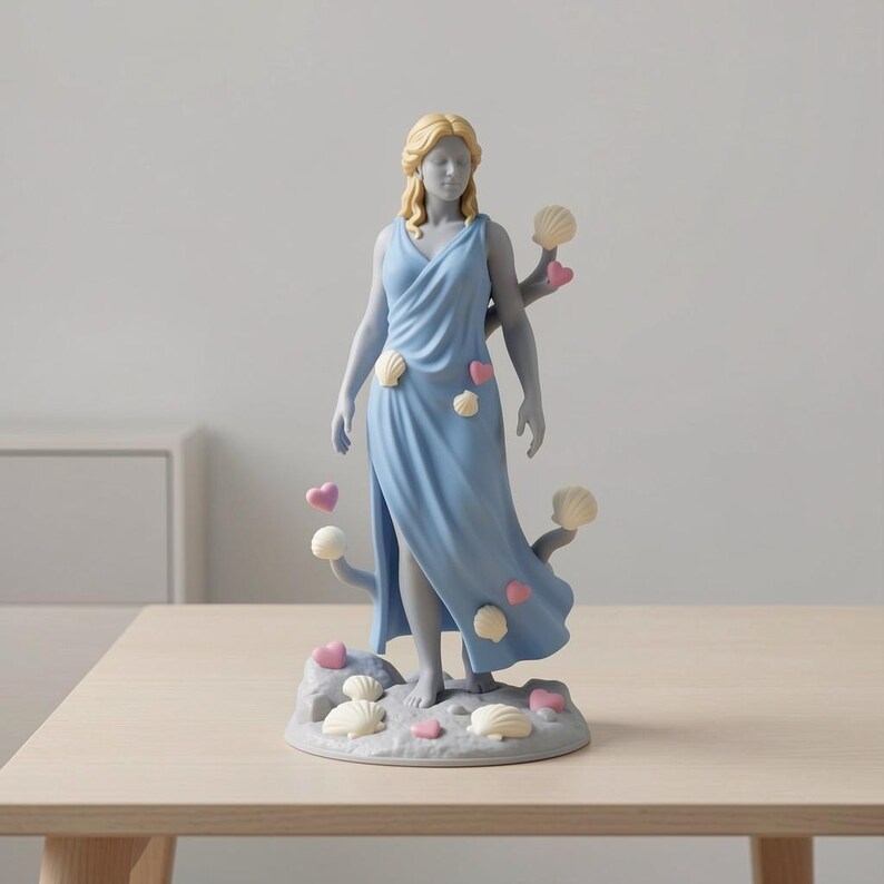 May include: A light blue statue of a woman in a flowing dress, adorned with seashells and pink hearts. The statue has blonde hair and stands on a base with more seashells. The sculpture is displayed on a light wood table.