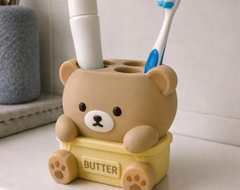 Tiny Butter Bear 3D Printed Toothbrush Holder, Kawaii Bathroom Vanity Organizer