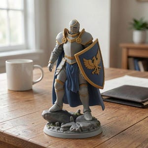 May include: A detailed figurine of a knight in full armor, standing on a rocky base. The knight is clad in silver and gold armor, with a blue cape and shield. The shield features a gold eagle emblem. The figurine is displayed on a wooden table.