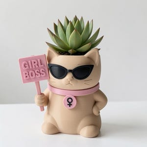 Girl Boss Cat Planter, 3D Printed Desk Decor, Unique Hand Painted Succulent Pot image 2