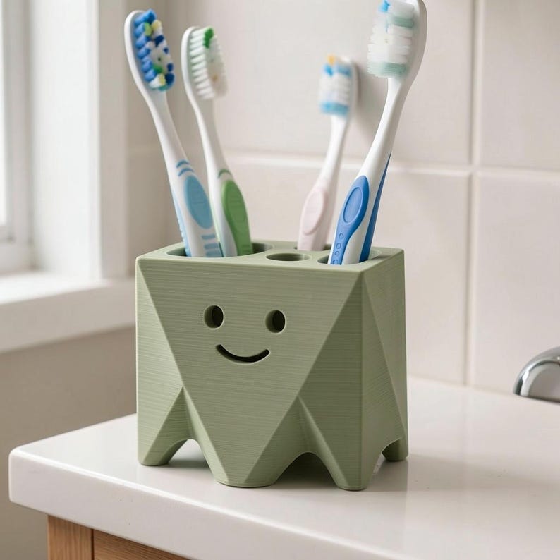 May include: A sage green, geometric-shaped toothbrush holder with a smiling face cutout. The holder features four circular openings on the top, currently containing four different toothbrushes with blue, green, white, and light blue bristles.