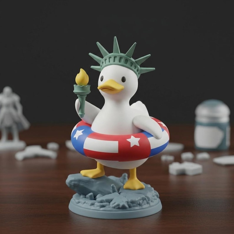 May include: A white duck figurine wearing a Statue of Liberty crown and holding a torch. The duck is wearing a red, white, and blue inflatable ring. The figurine is standing on a blue base with a rock-like texture.