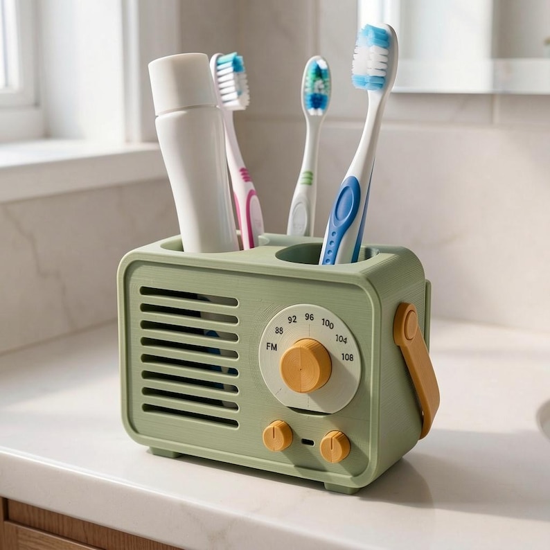 May include: A sage green toothbrush holder shaped like a vintage radio with a speaker grille, a circular FM tuning dial, and two small knobs. It contains a white tube of toothpaste and three toothbrushes with blue, white, and green bristles.