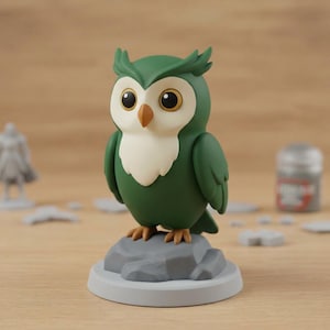May include: A green owl figurine with large, round eyes and a white bib. The owl is perched on a gray rock base, set on a light gray circular platform. The figurine has a cartoonish design and is likely a decorative item.