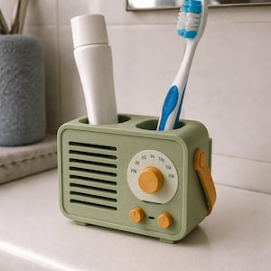 May include: A sage green toothbrush holder shaped like a vintage radio with two circular top openings, a speaker grille, a central tuning dial, two small knobs, and a yellow side handle. A white toothpaste tube and a blue and white toothbrush are inside.