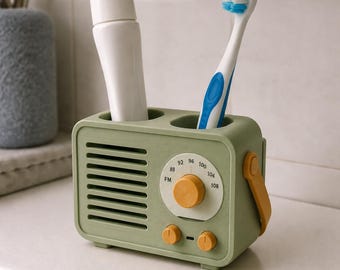 Pocket Radio Toothbrush Holder, Retro Electronic Bathroom Decor, 3D Printed Hand-Painted Sink Organizer