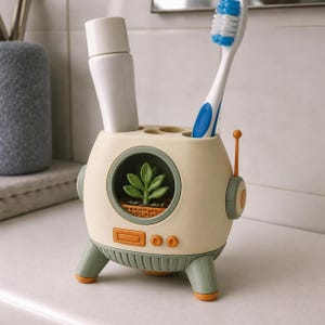 May include: A cream and sage green robot-shaped toothbrush holder with three top openings. It features a circular window displaying a small green plant, orange buttons, and a single antenna. A white toothpaste tube and a blue and white toothbrush are inserted.