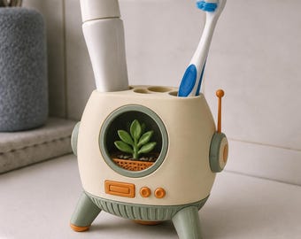 Retro Futurism Explorer Toothbrush Holder, 3D Printed Hand-Painted Space Age Vanity Organizer