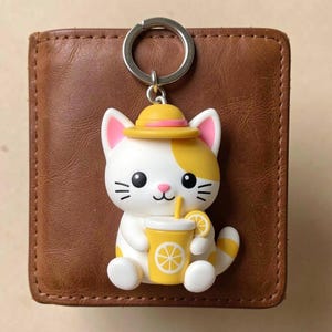 May include: A white and yellow cat keychain featuring a cat wearing a yellow hat with a pink band, holding a yellow cup with a lemon slice graphic and a straw. The keychain has a silver metal ring attached to the top of the cat's head.