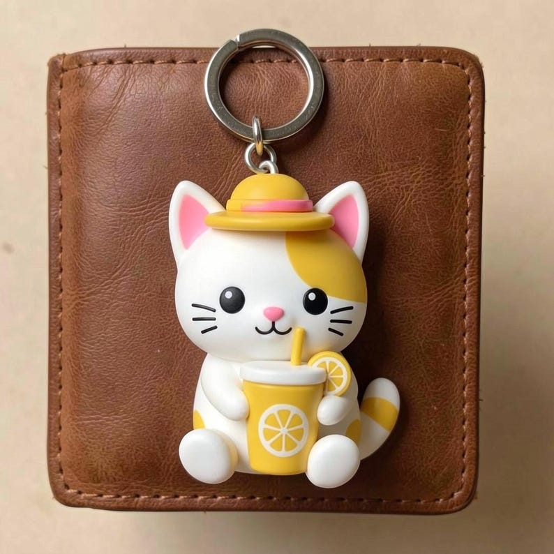 May include: A white and yellow cat keychain featuring a cat wearing a yellow hat with a pink band, holding a yellow cup with a lemon slice graphic and a straw. The keychain has a silver metal ring attached to the top of the cat's head.
