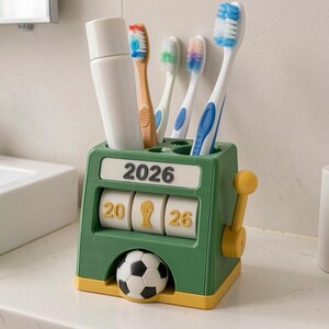 May include: A green and yellow toothbrush holder shaped like a slot machine with a soccer ball at the base. The front displays the text 2026, with rotating wheels showing 20, a trophy icon, and 26. It holds a white tube and four toothbrushes.