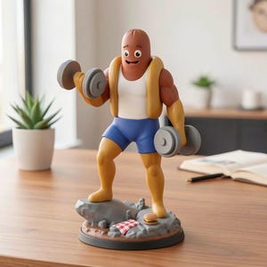 May include: A whimsical figurine of a hot dog character lifting dumbbells. The figure is brown, yellow, and blue, with a white tank top and blue shorts. It stands on a rocky base with a miniature picnic scene, including a burger and a checkered blanket.
