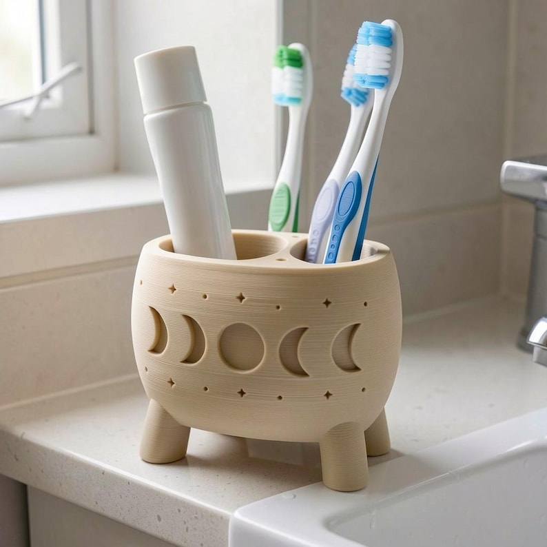May include: A beige, three-legged toothbrush holder with a moon phase cutout design featuring crescent and full moons surrounded by small stars. The holder contains a white toothpaste tube and three toothbrushes with blue, green, and purple bristles.