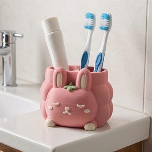 Sleepy Raspberry Bunny Toothbrush Holder, Hand Painted 3D Printed Rabbit Bathroom Organizer image 2