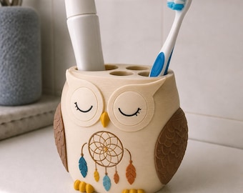 Eulen-Zahnbürstenhalter, 3D gedrucktes handbemaltes Badezimmerzubehör, Single Vanity Organizer