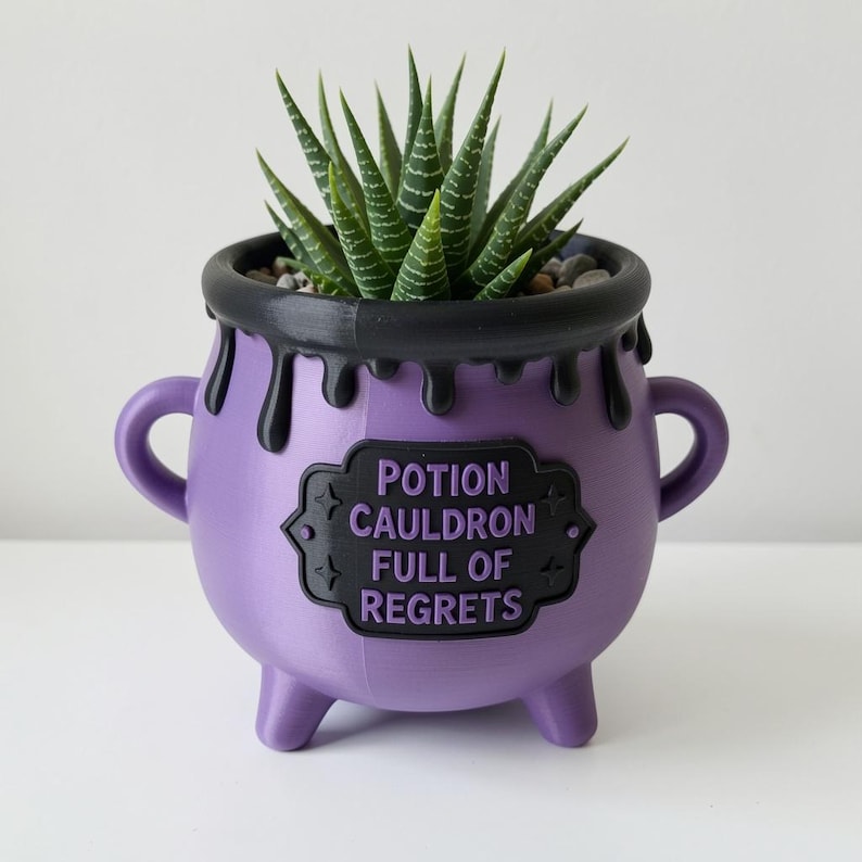 May include: A purple cauldron-shaped planter with three legs and two side handles. The rim features a black dripping design. A black plaque on the front displays the raised purple text: POTION CAULDRON FULL OF REGRETS. A green succulent plant sits inside.