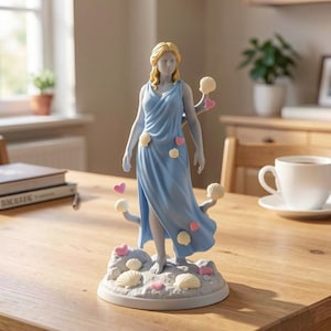 May include: A light blue statue of a woman in a flowing gown, adorned with seashell and heart accents. The statue has blonde hair and stands on a base with more seashells. The statue is a decorative item.