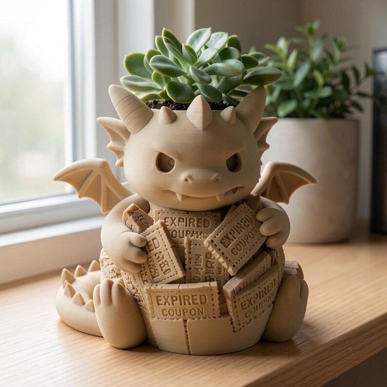 May include: A light beige 3D-printed dragon planter holding several rectangular tiles, each embossed with the text EXPIRED COUPON. The dragon has small wings, horns, and a spiky tail, with a green succulent plant growing from the top opening.