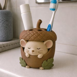 Sleepy Acorn Mouse 3D Printed Toothbrush Holder, Hand Painted Woodland Bathroom Decor image 1