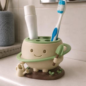 Tiny Planet Gardener Toothbrush Holder, 3D Printed Celestial Bathroom Decor image 1