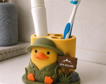 Adventure Duck Toothbrush Holder, 3D Printed Painted Kiwi Bird Bathroom Decor