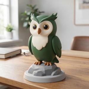 May include: A decorative owl figurine in shades of green, cream, and brown. The owl has large, expressive eyes and is perched on a gray rock base. The figurine is displayed on a wooden table.
