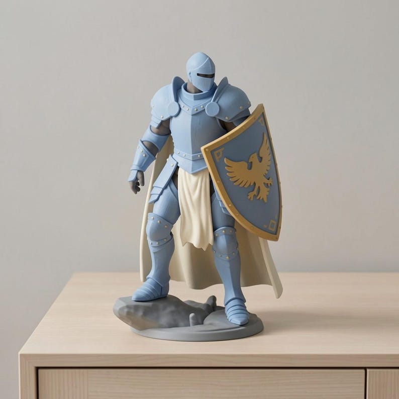 May include: A light blue knight figurine with a helmet, armor, and a shield. The shield features a gold eagle design. The knight stands on a gray base with a rock-like texture, and wears a white cape. The figurine is displayed on a light wood surface.