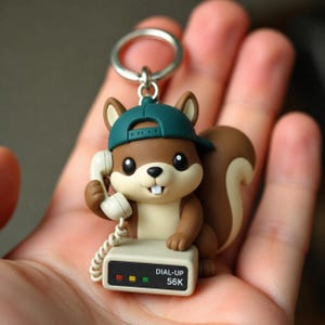 May include: A brown squirrel keychain wearing a teal baseball cap, holding a cream-colored telephone receiver connected to a rectangular base with the text DIAL-UP 56K and three small red, yellow, and green indicator lights on the front panel.