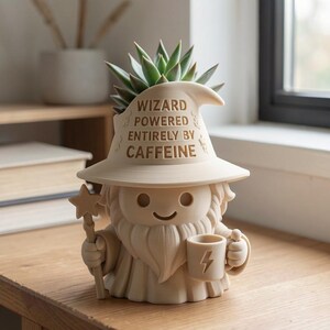 May include: A beige, 3D-printed planter shaped like a wizard with a wide-brimmed hat containing a green succulent. The hat features the text WIZARD POWERED ENTIRELY BY CAFFEINE. The figure holds a star-topped wand and a mug with a lightning bolt icon.
