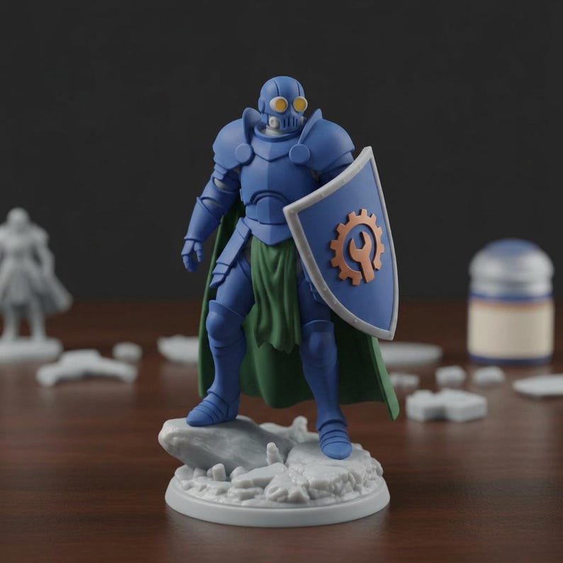 May include: A blue figurine of a knight in armor, holding a shield with a gear emblem. The knight wears a helmet with yellow goggles and a green cape. The figurine stands on a rocky base, with other miniature pieces in the background.