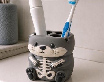 Skeleton Otter Zahnbürstenhalter, 3D gedrucktes gruseliges Badezimmerdekor, einzigartiger handbemalter Vanity Organizer für eine Zahnbürste