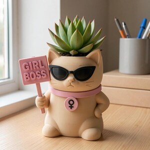 May include: A beige cat-shaped planter holding a green succulent. The cat wears black sunglasses and a pink collar with a female symbol pendant. It holds a pink rectangular sign that reads GIRL BOSS in raised letters. The planter has a smooth finish.