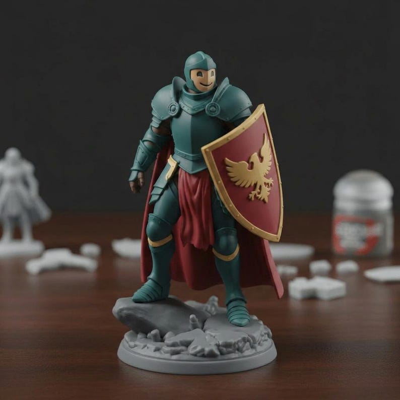 May include: A teal and red knight figurine with a shield featuring a gold eagle emblem. The knight is wearing teal armor, a red cape, and stands on a gray stone base. The figurine is likely for tabletop gaming or display.