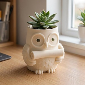 May include: A cream-colored owl-shaped planter featuring a textured feather pattern, large circular eyes, and a small beak. The owl holds a cylindrical scroll in its wings, and a green succulent plant is potted inside the top opening.