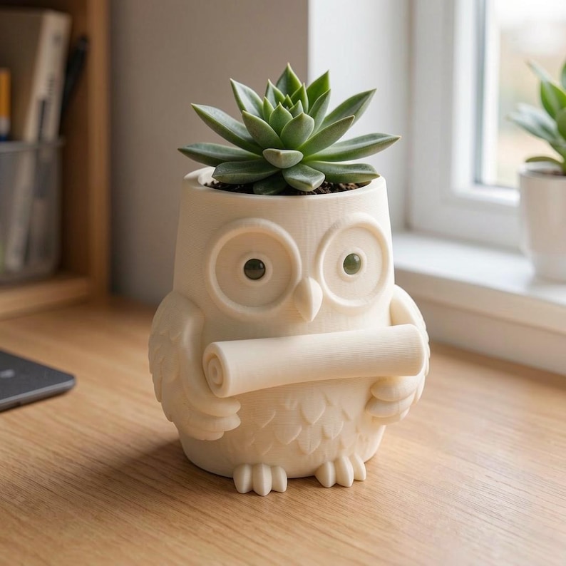 May include: A cream-colored owl-shaped planter featuring a textured feather pattern, large circular eyes, and a small beak. The owl holds a cylindrical scroll in its wings, and a green succulent plant is potted inside the top opening.