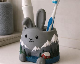 Norwegian Fjord Bunny Toothbrush Holder, Hand Painted 3D Printed Bathroom Organizer